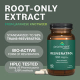 Prominent Nutrition Resveratrol – dosage 500 mg en deux capsules faciles à prendre.