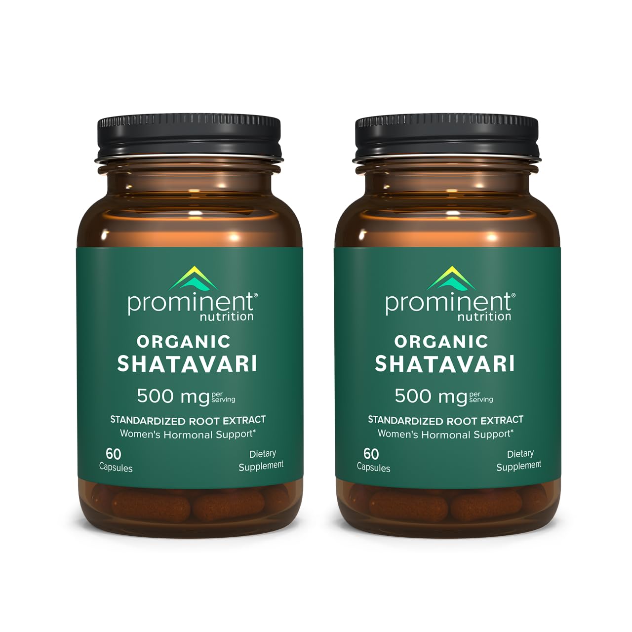Prominent Nutrition Shatavari: bouteille de pilules soutenant potentiellement l’équilibre hormonal féminin.