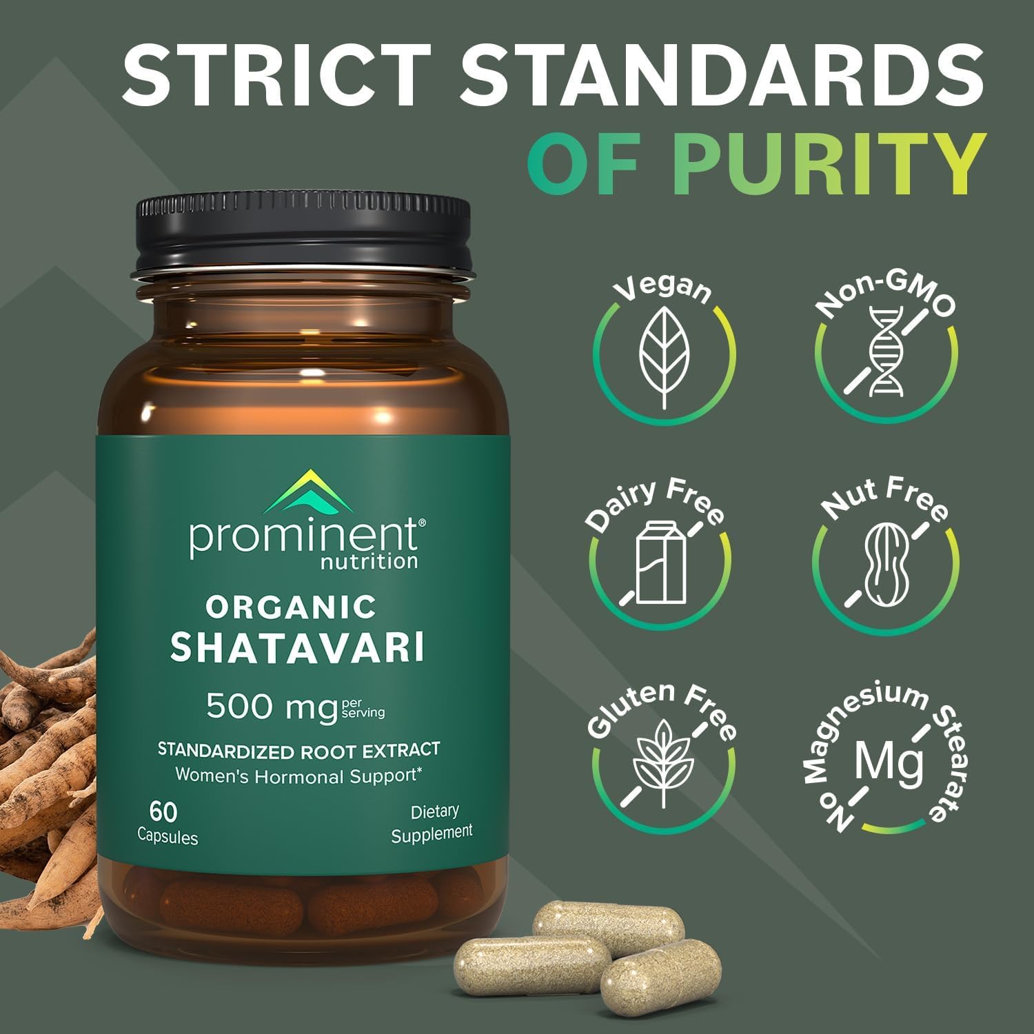 Prominent Nutrition Shatavari: étiquette présentant l'extrait standardisé et les bénéfices potentiels.