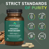 Prominent Nutrition Shatavari: étiquette présentant l'extrait standardisé et les bénéfices potentiels.