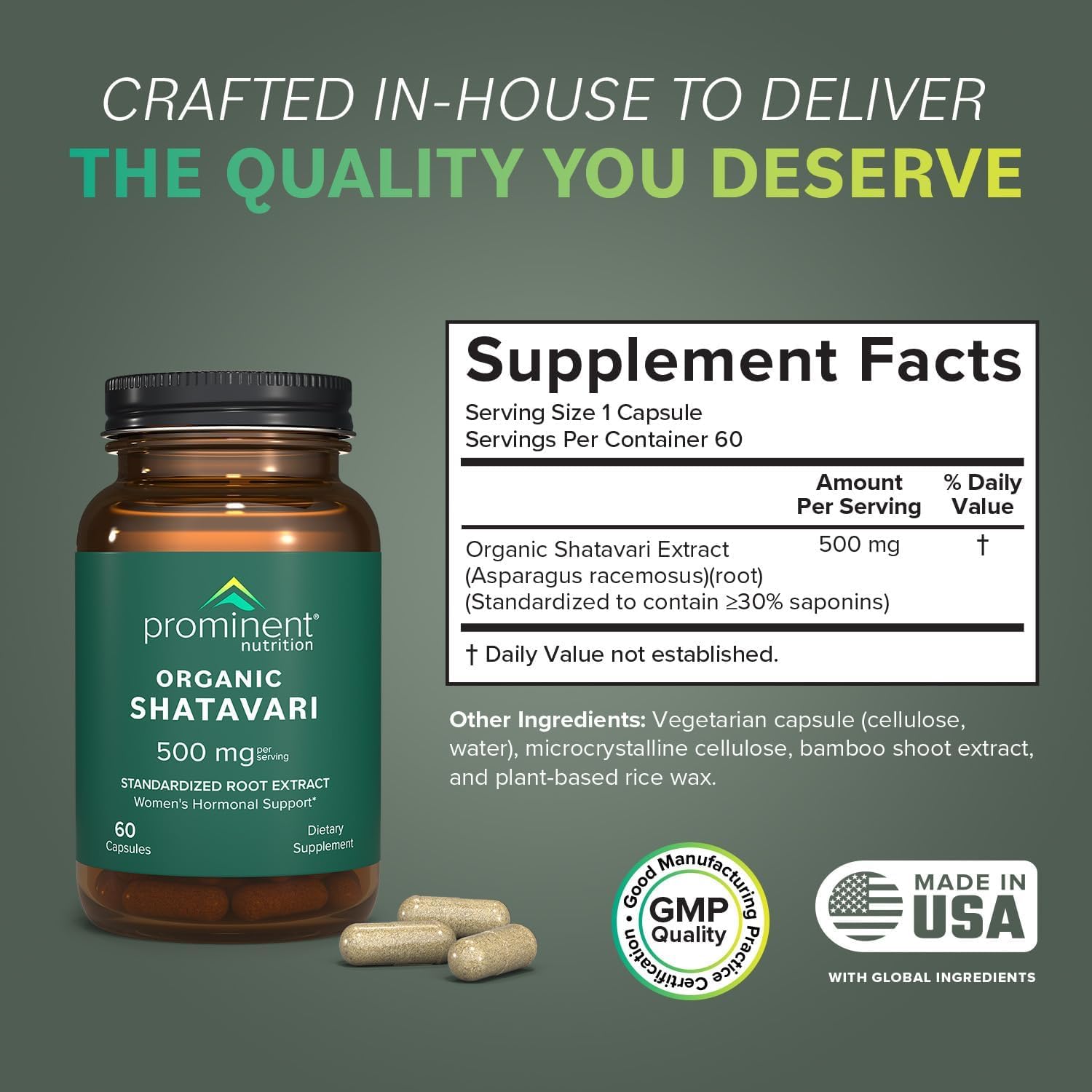 Prominent Nutrition Shatavari: capsules visibles favorisant l'équilibre hormonal tout au long du cycle.