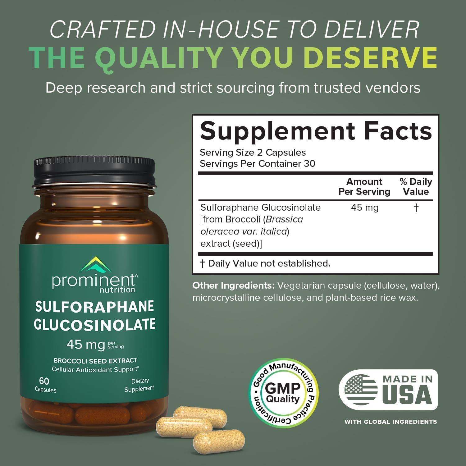 Prominent Nutrition sulforaphane gélules étiquette, pureté et traçabilité garanties.