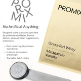 Étiquette nutrition Promix Whey Vanilla, aperçu des protéines et des ingrédients naturels