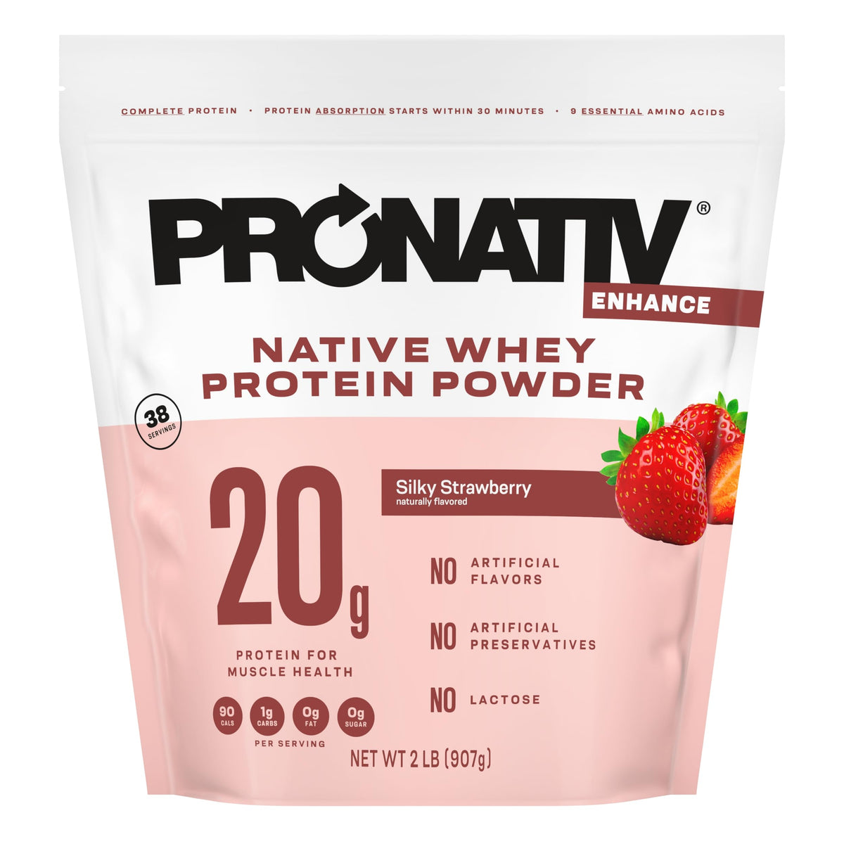 Poudre Pronativ whey native framboise cremeuse, parfaite dans un shake post-entraînement.