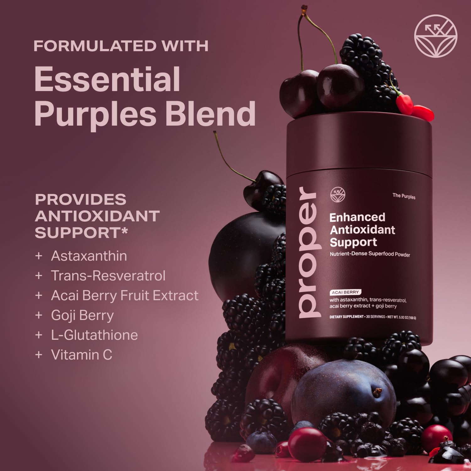 Proper Les Purples — ingrédients riches en fruits et vitamines pour le bien-être quotidien.