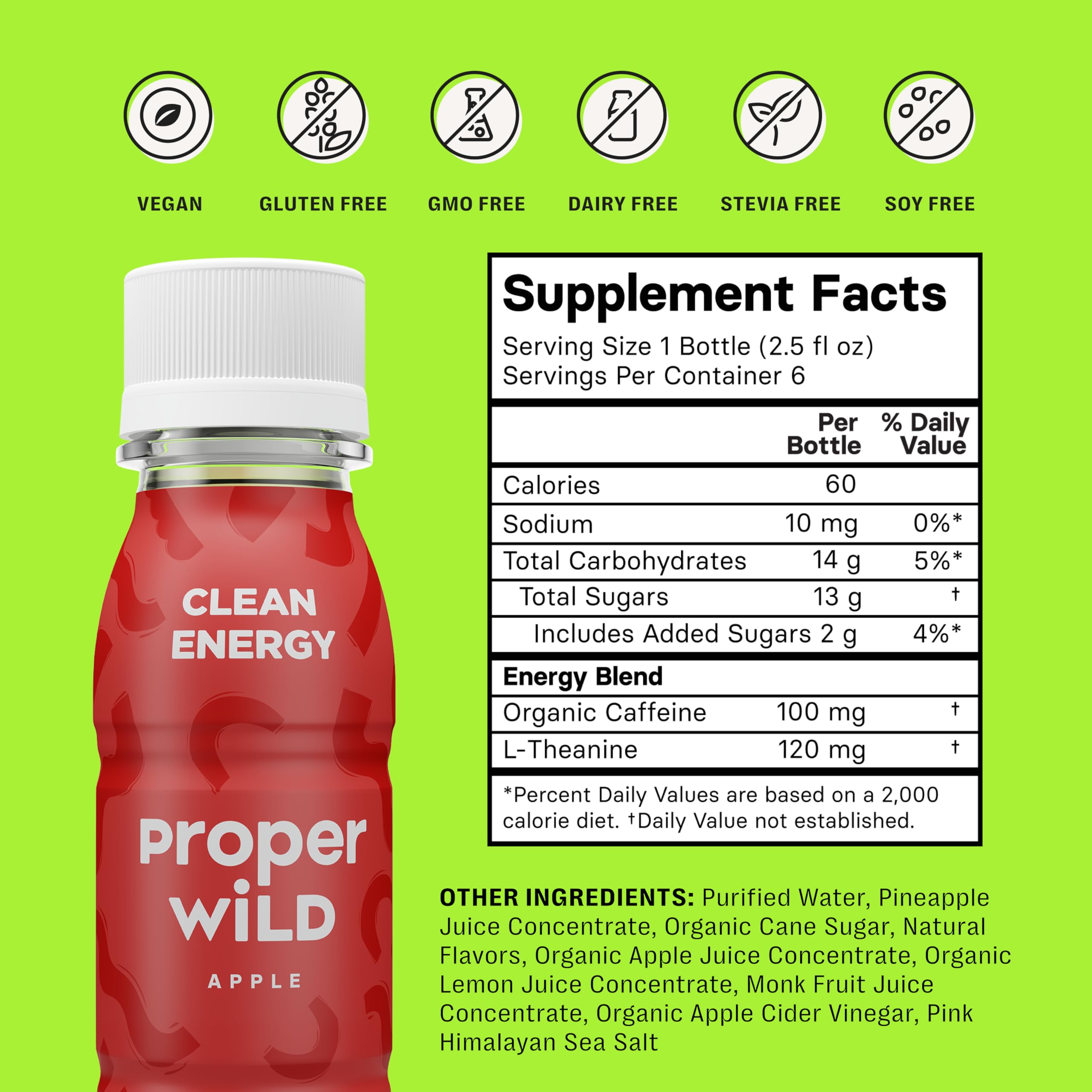 Proper Wild bouteille 74ml pomme-crisp, format portable pour énergie en déplacement.