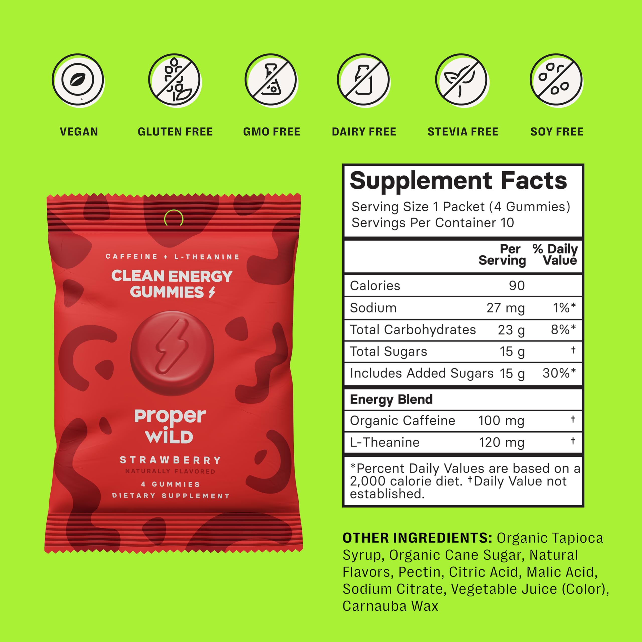 Gommes Proper Wild véganes, visuel fraises, énergie pratique en déplacement.