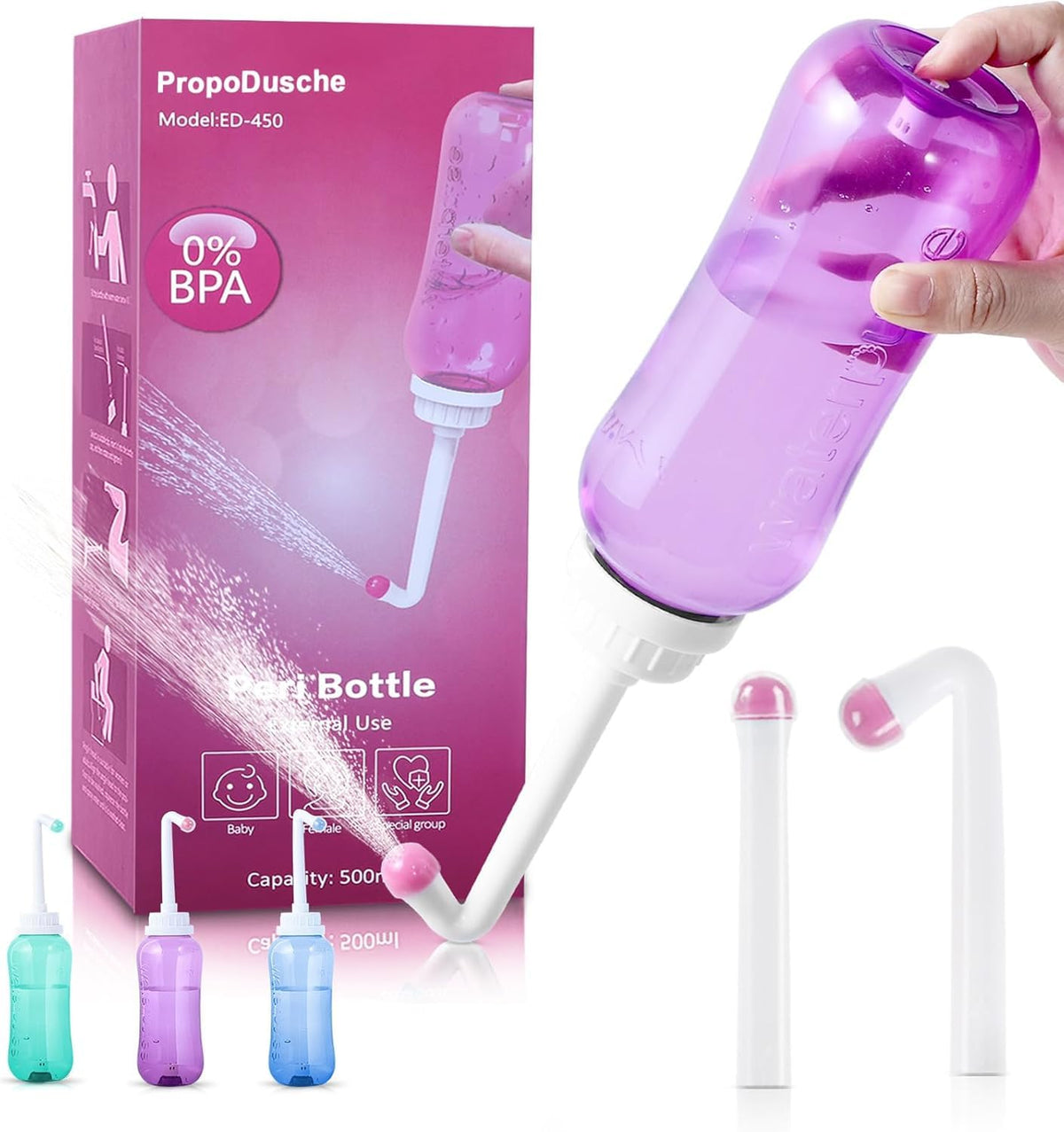 PropoDusche Bouteille péri-post-partum vue frontale avec bouton pour nettoyage en douceur