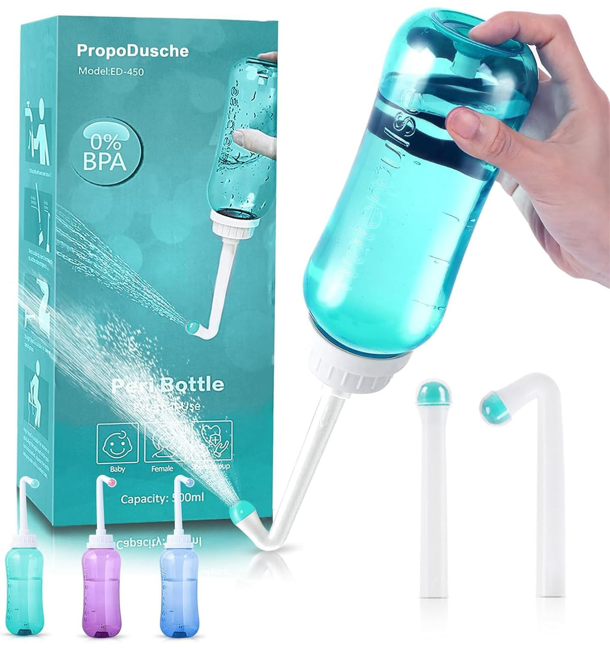PropoDusche Bouteille Peri portable pour l'hygiène intime en déplacement.