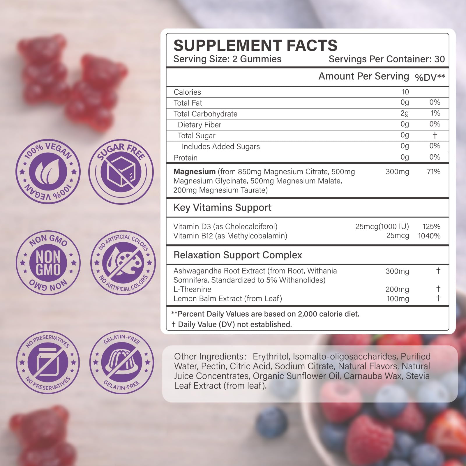 Proriginal Magnésium Gummies ingrédients glycinate, citrate, malate et taurate pour absorption.