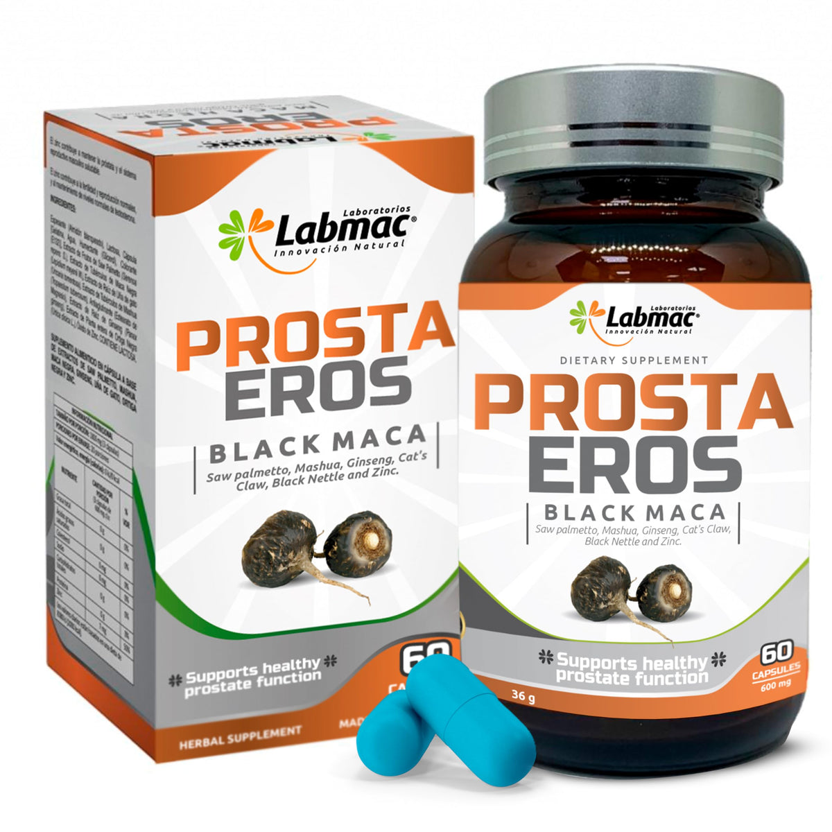 Prosta Eros: bouteille de capsules bleues et soutien prostatique potentiel.