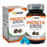 Prosta Eros: bouteille de capsules bleues et soutien prostatique potentiel.