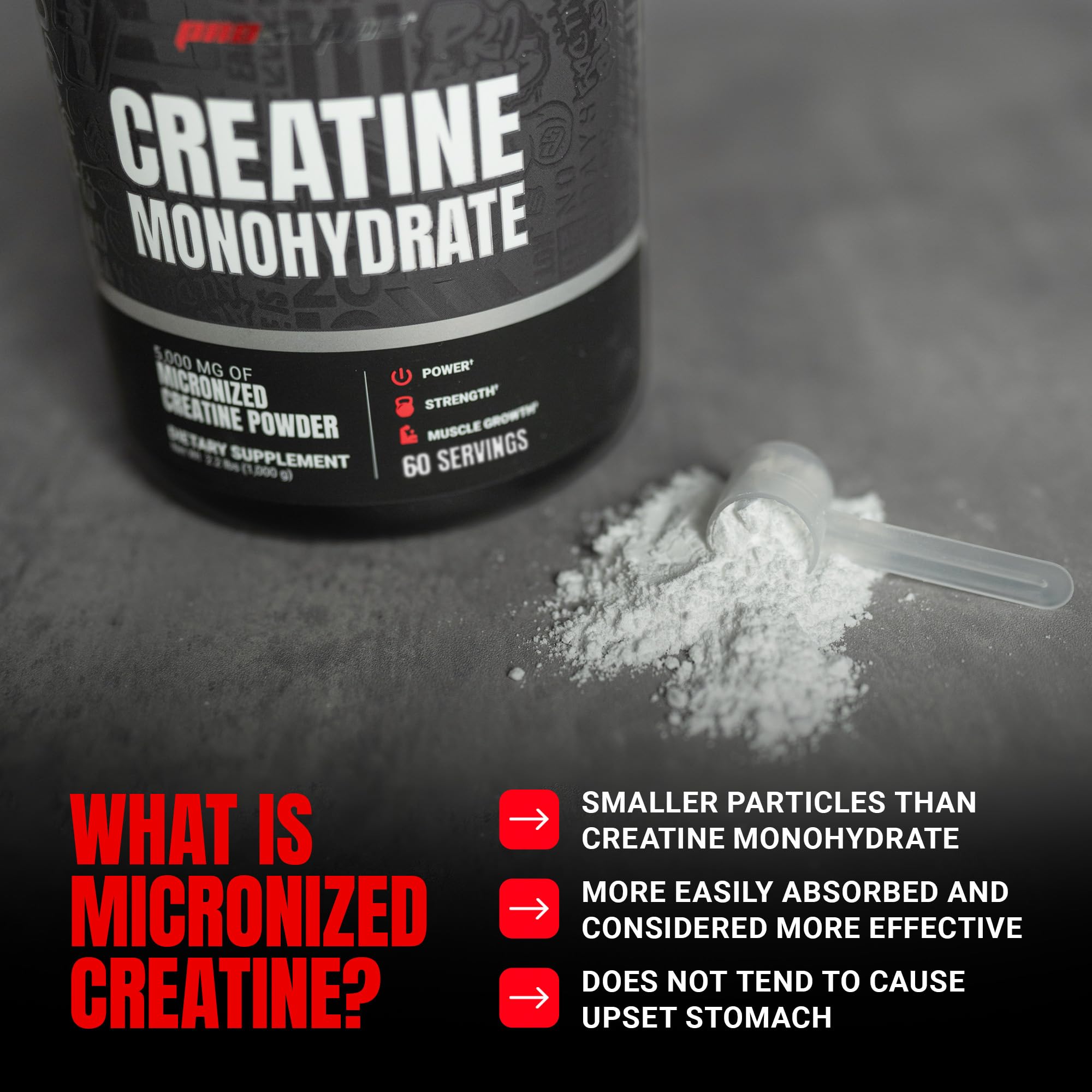 Prosupps Créatine Monohydrate, sans gluten et sans soja pour les régimes variés.