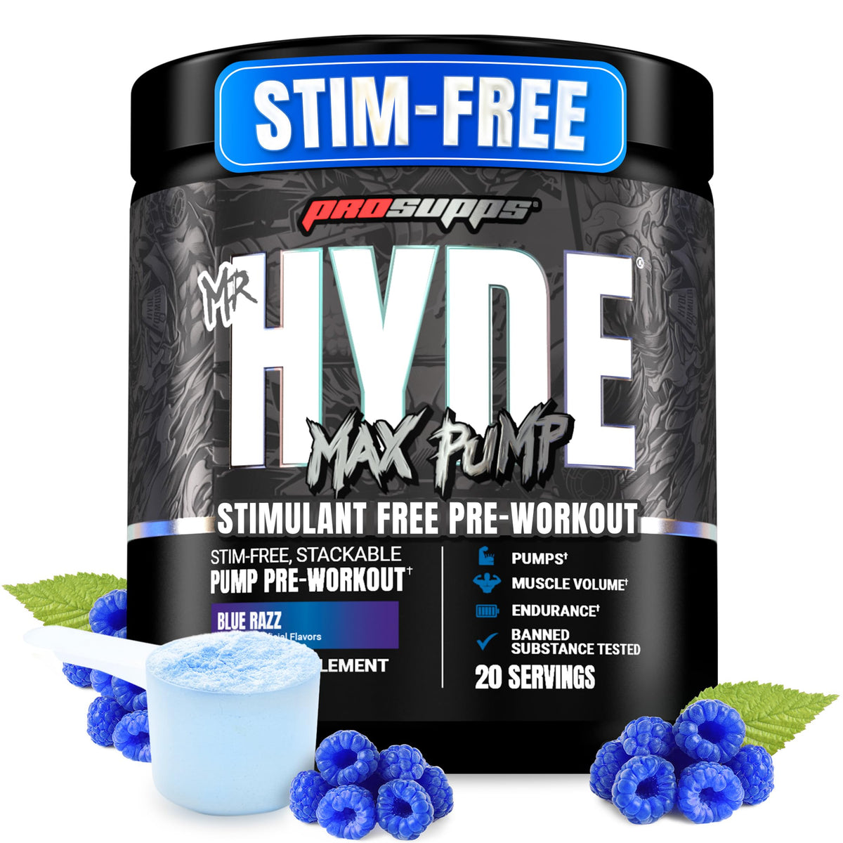 PROSUPPS Mr Hyde Max Pump, poudre bleu razz prête à booster les pompes sans caféine.