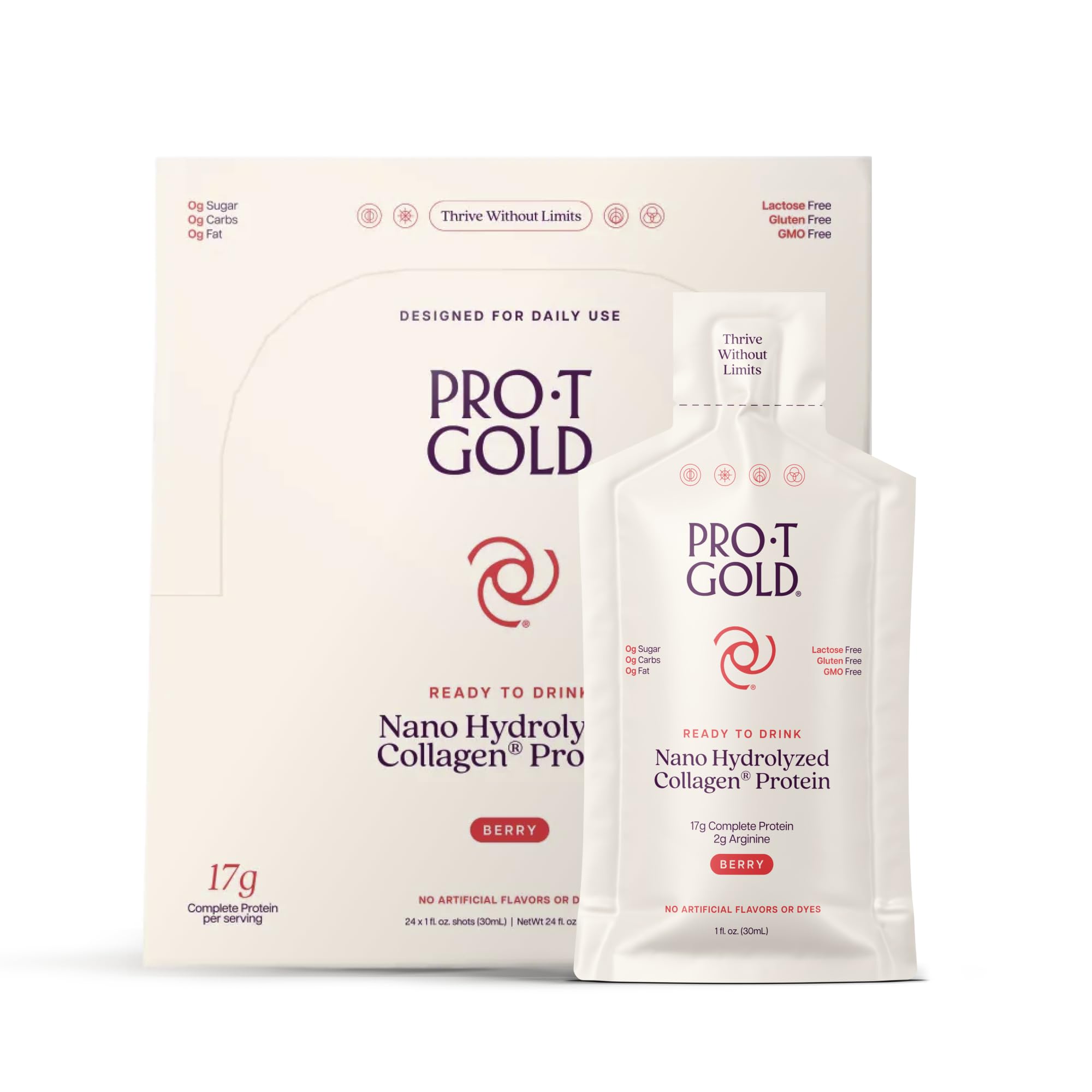 ProT Gold Shot bouteille baie, apport rapide en protéines après l'entraînement.