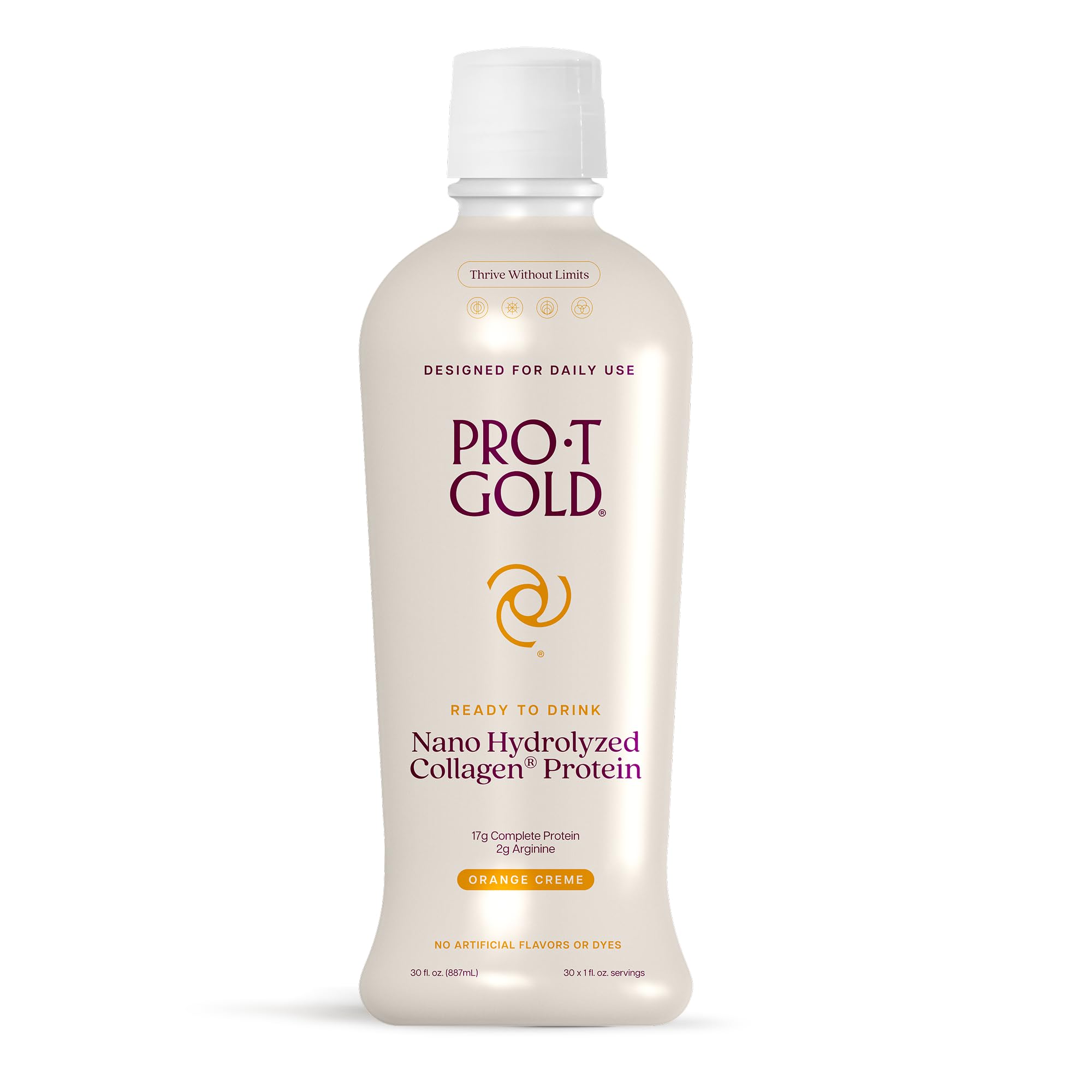 ProT Gold Shot protéine collagène liquide, bouteille orange crème, apport rapide et pratique