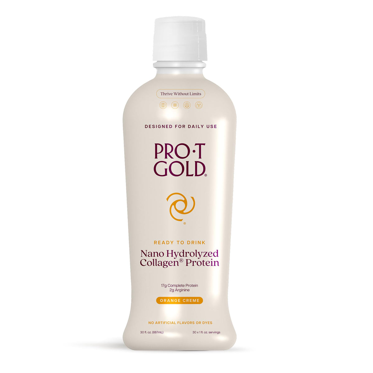 ProT Gold Shot protéine collagène liquide, bouteille orange crème, apport rapide et pratique