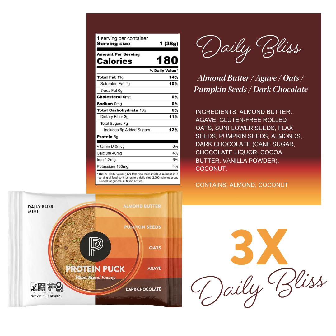 Barre Protein Puck à l’amande et graines, nutrition simple et équilibrée.