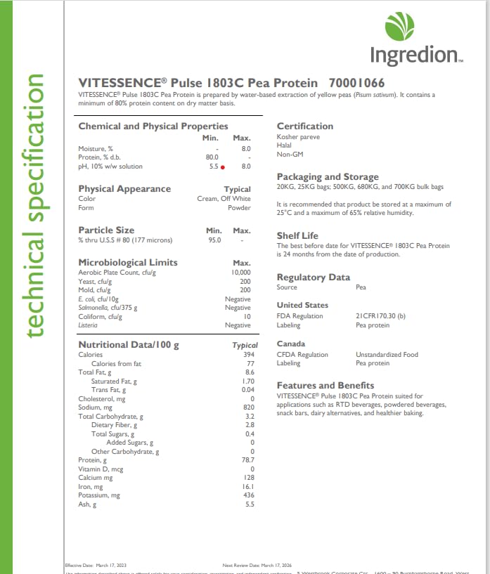 Protéine de pois isolat Premium, sans OGM, option biologique disponible.