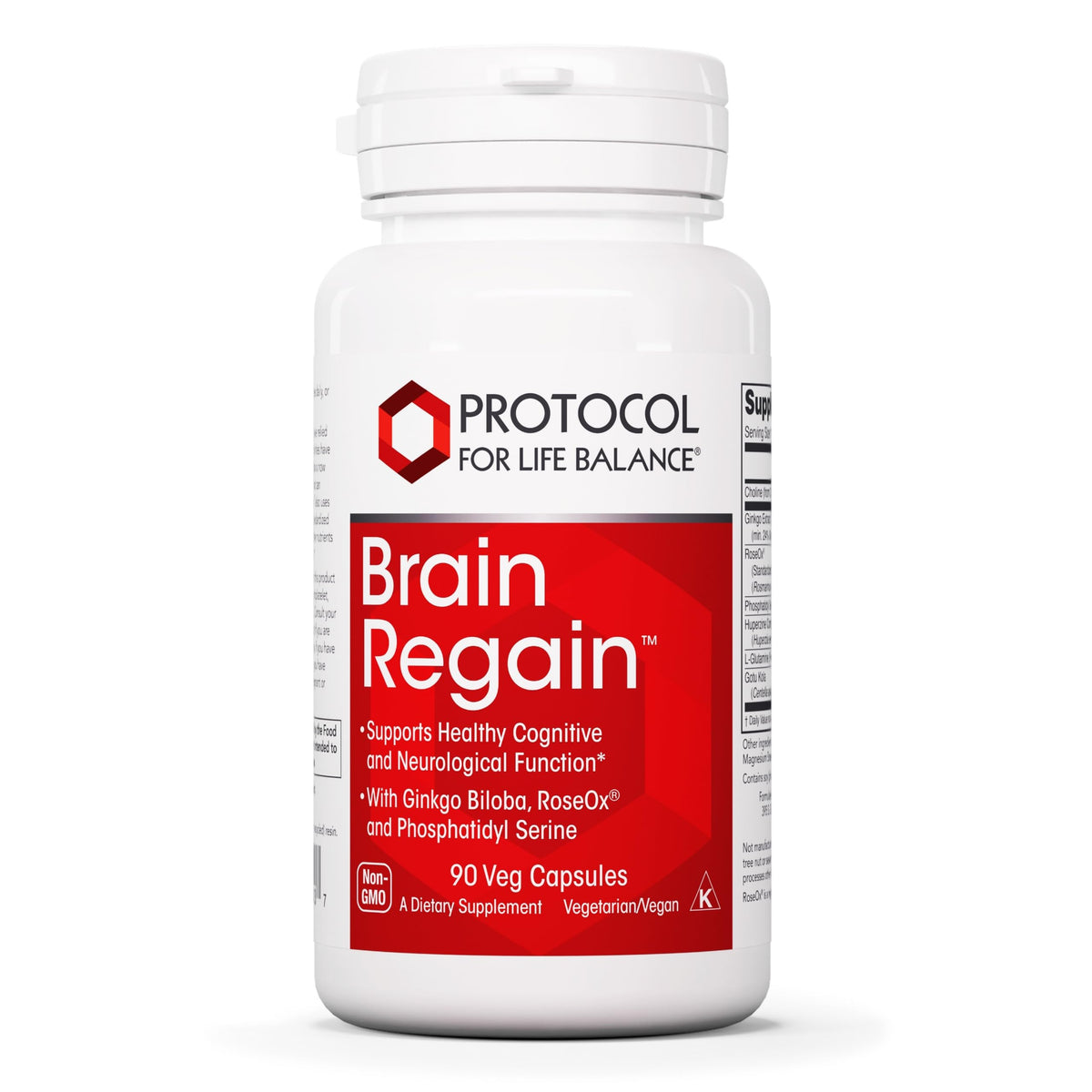 Brain Regain de PROTOCOL FOR LIFE BALANCE : bouteille et étiquette visibles, soutien potentiel à la concentration.