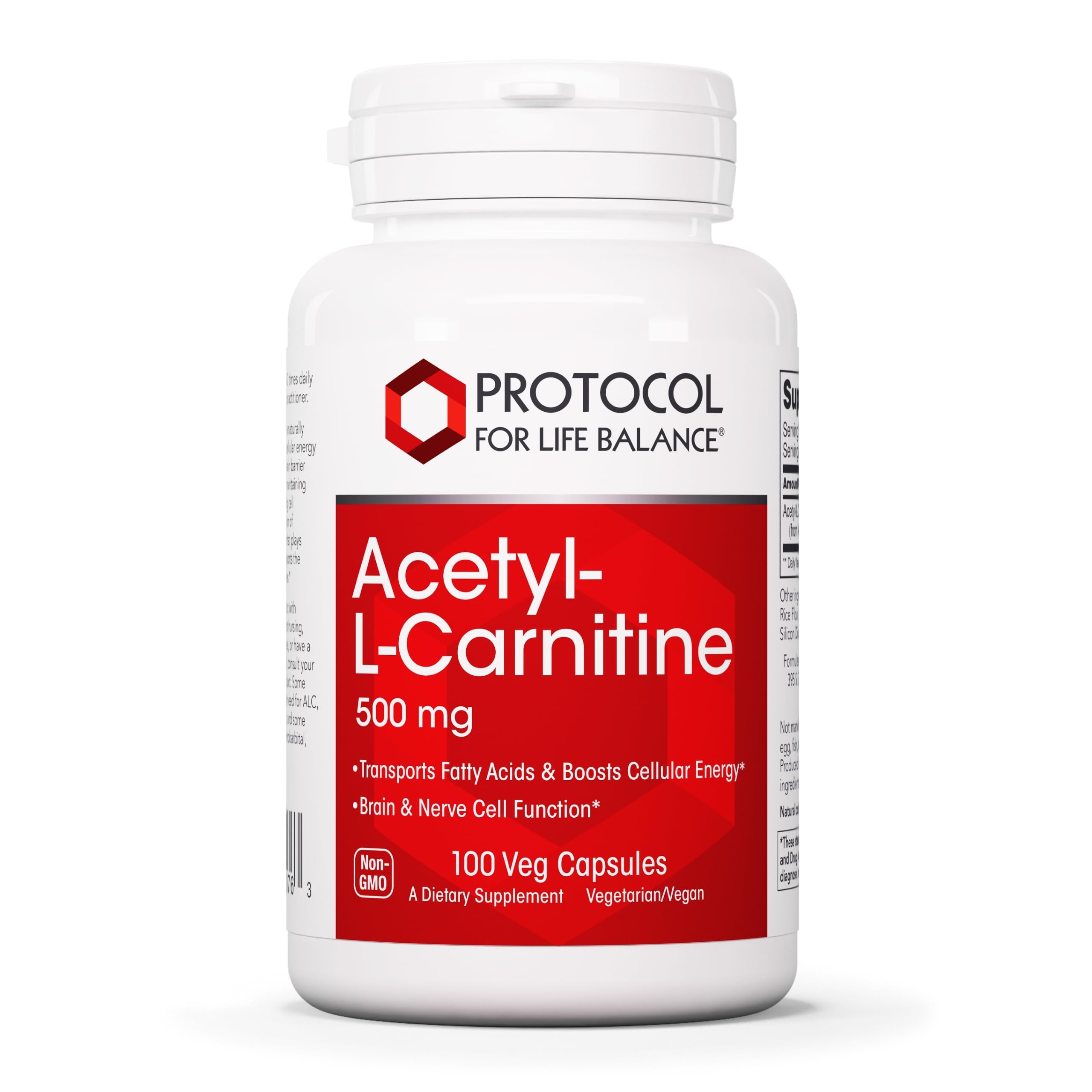 PROTOCOL FOR LIFE BALANCE Acetyl-L-Carnitine 500mg – bouteille clairement étiquetée pour une prise facile