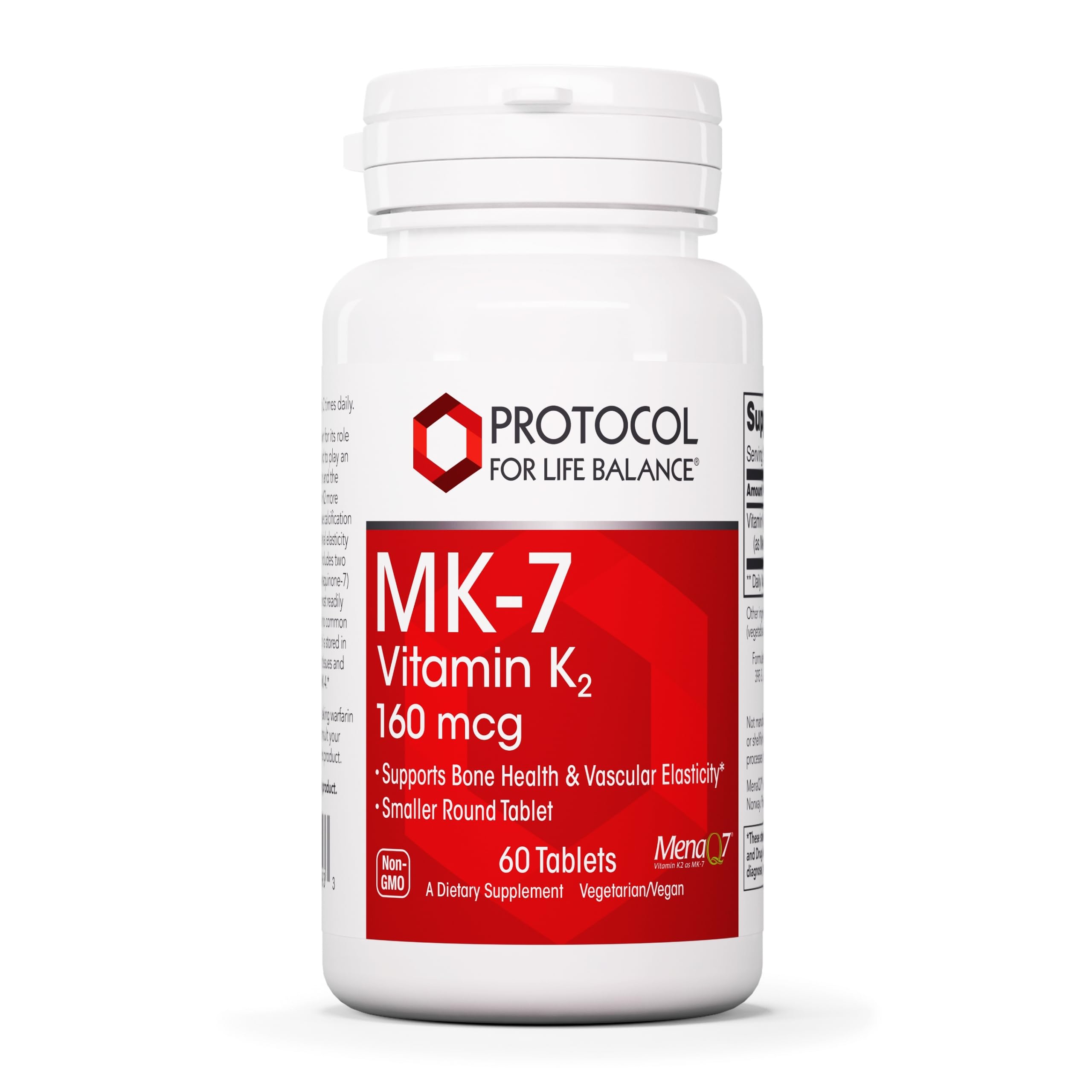 PROTOCOL FOR LIFE BALANCE MK7 160 mcg, bouteille visible, soutien potentiel à l’élasticité artérielle.