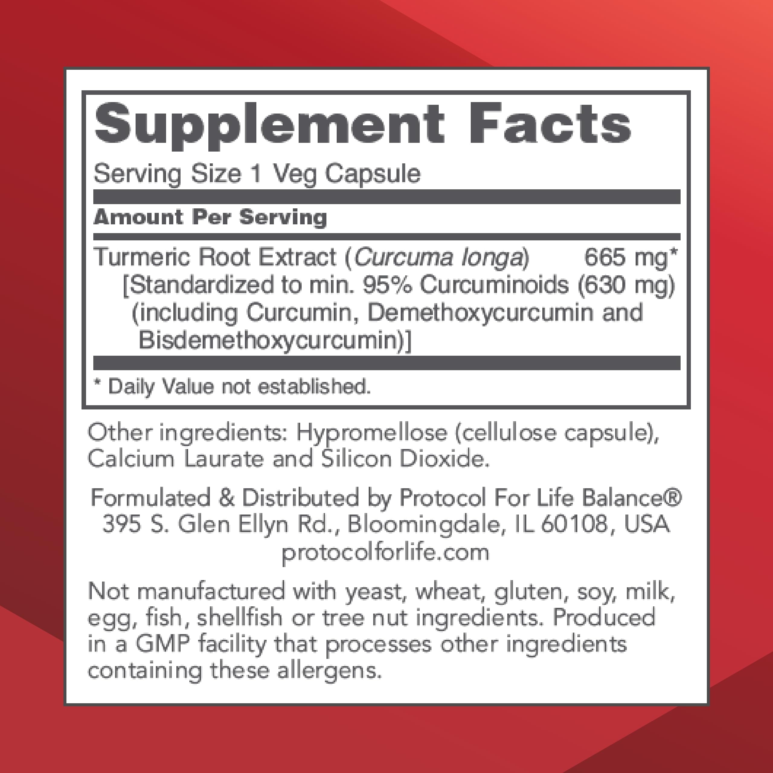 PROTOCOL FOR LIFE BALANCE – capsules de curcumin, dosage 665 mg par capsule.