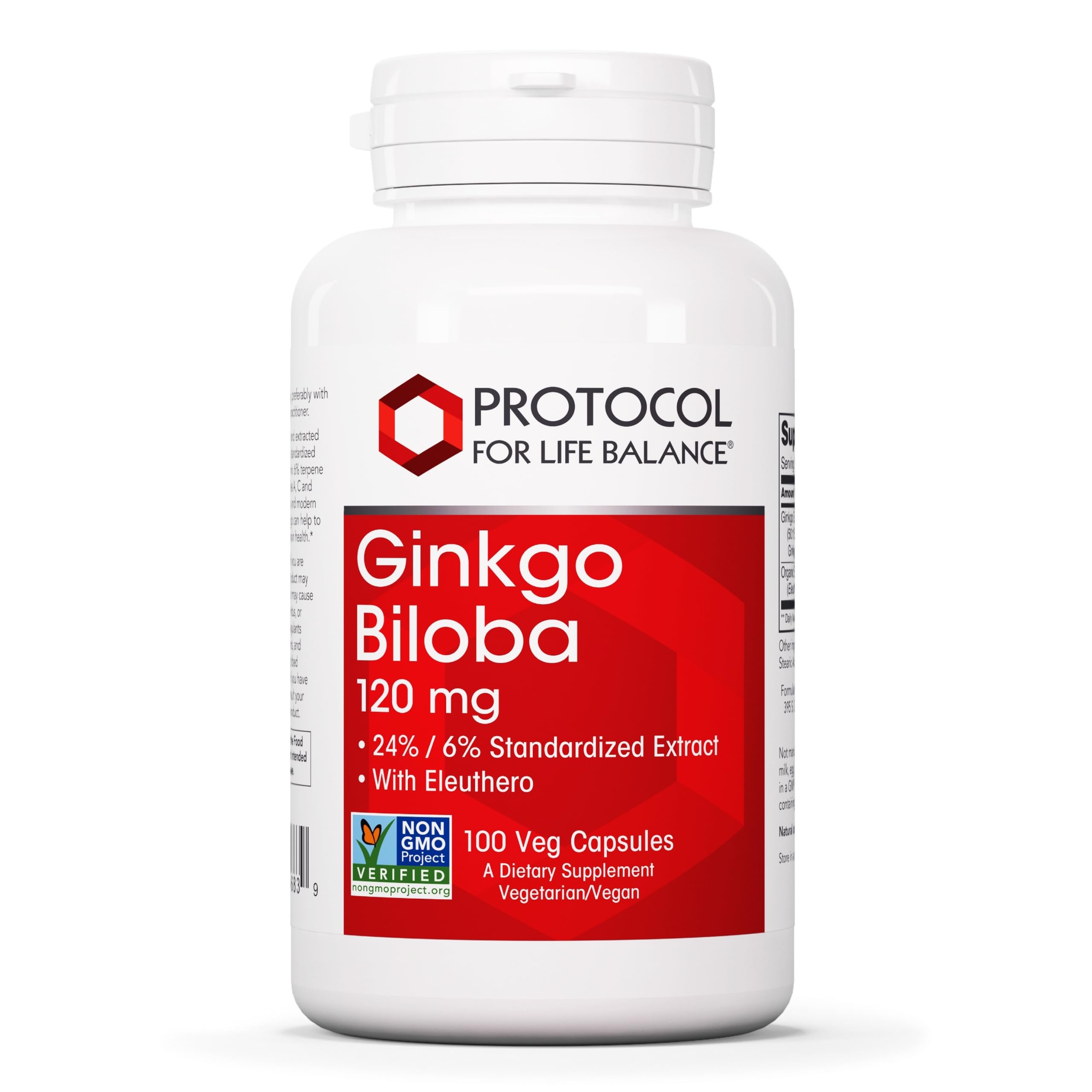 PROTOCOL FOR LIFE BALANCE Ginkgo Biloba 120 mg, bouteille de gélules, soutien potentiel à la concentration.
