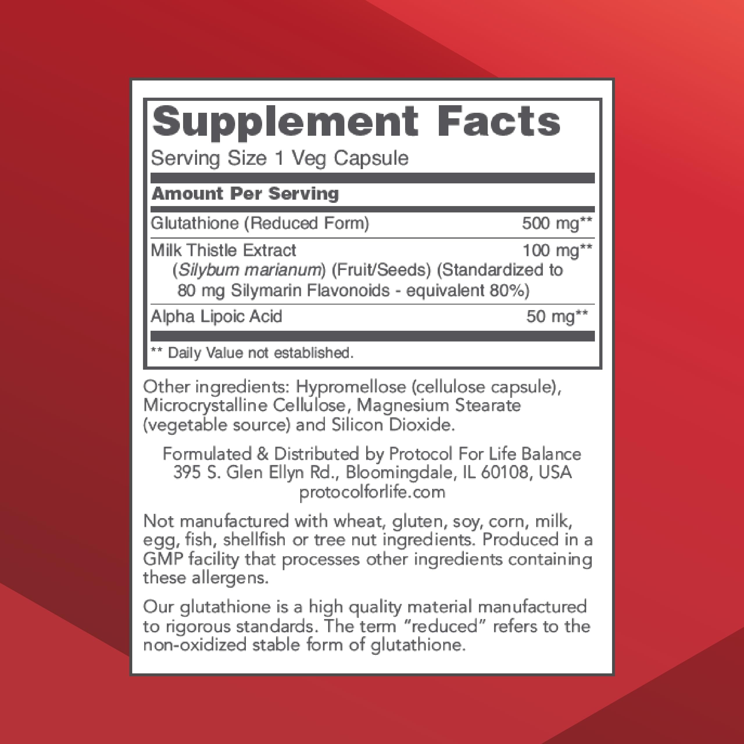 PROTOCOL FOR LIFE BALANCE Glutathione 500mg avec chardon-marie, extrait, soutien potentiel du bien-être quotidien