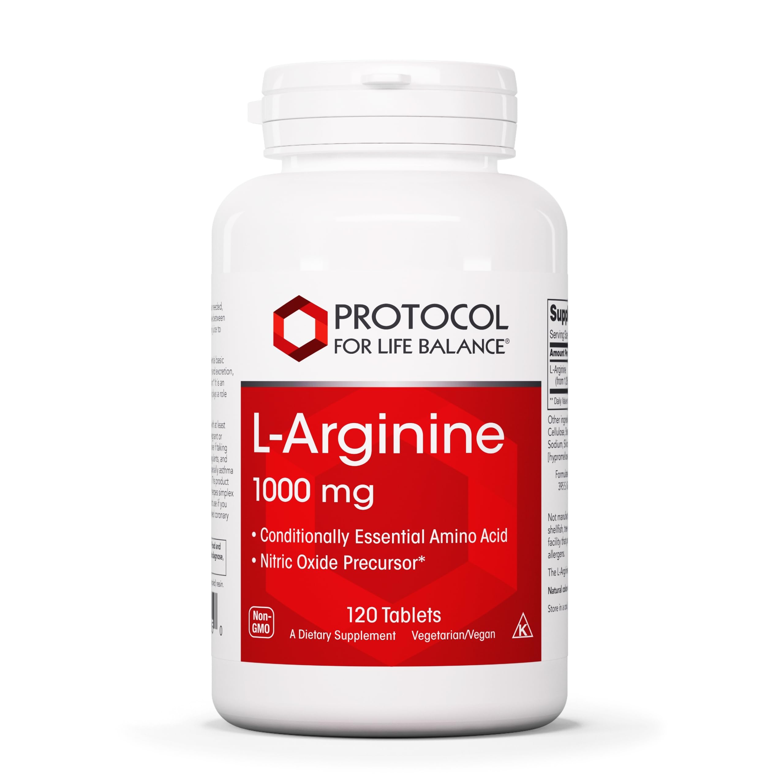 L-Arginine 1000 mg PROTOCOL FOR LIFE BALANCE en bouteille, usage quotidien.