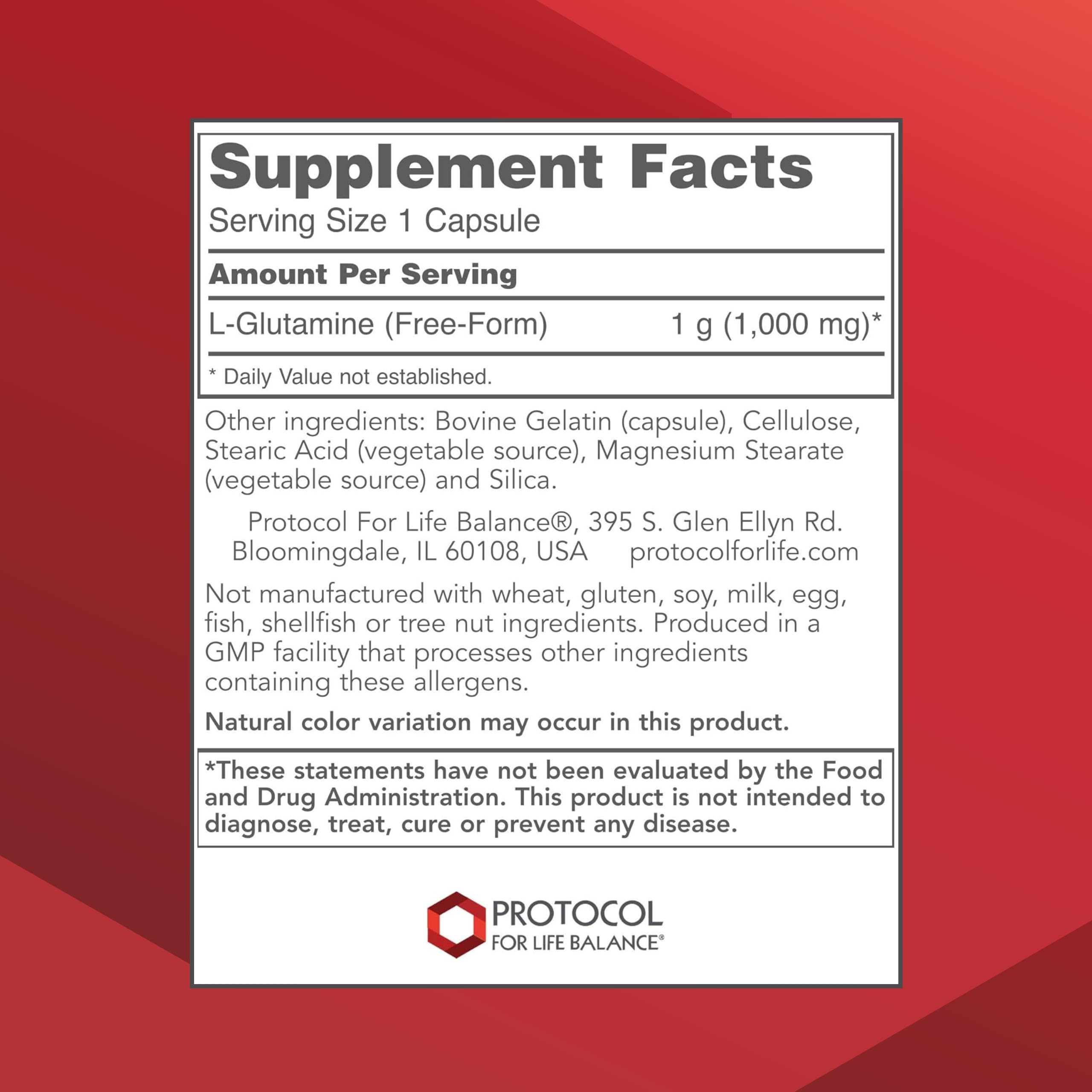 Gélules PROTOCOL FOR LIFE BALANCE L-Glutamine, dosage 1000 mg, pratique quotidienne.