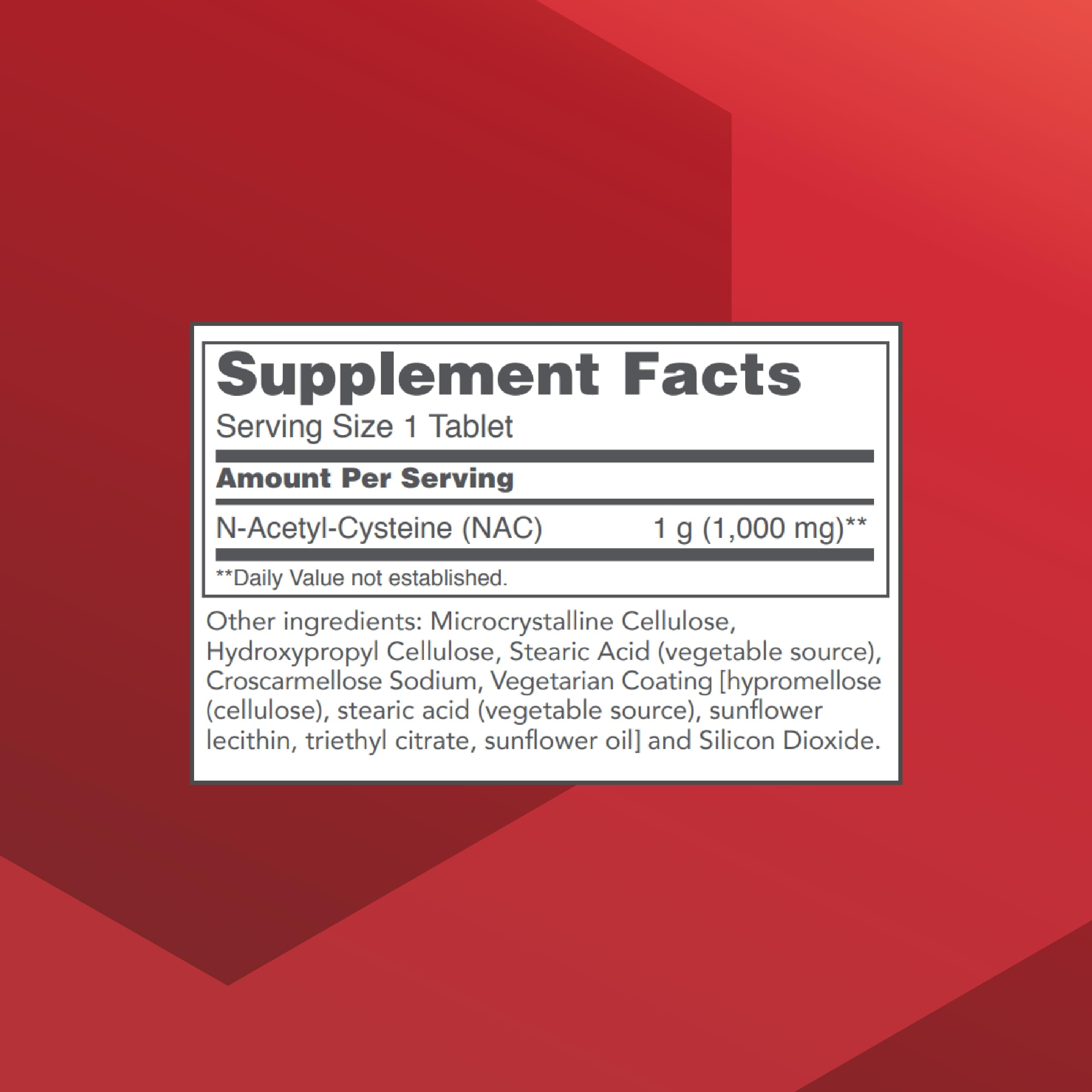 Étiquette NAC 1000 mg sur la bouteille, lisibilité facilitant l'insertion en routine.