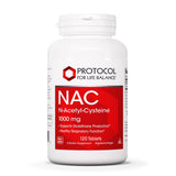 PROTOCOL FOR LIFE BALANCE NAC 1000 mg sur la bouteille recto, soutien potentiel des fonctions corporelles.