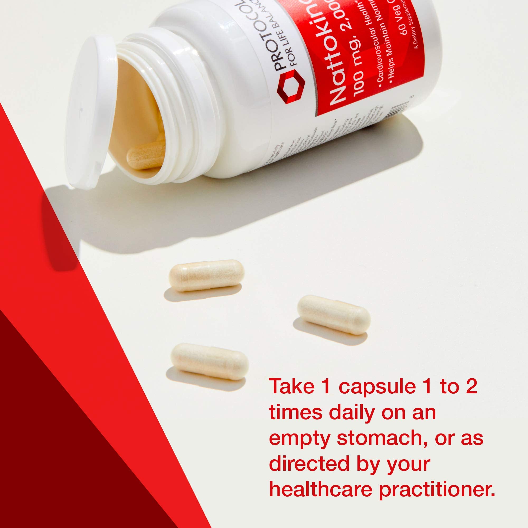 Gélules nattokinase PROTOCOL FOR LIFE BALANCE, dosage de 100 mg par capsule.