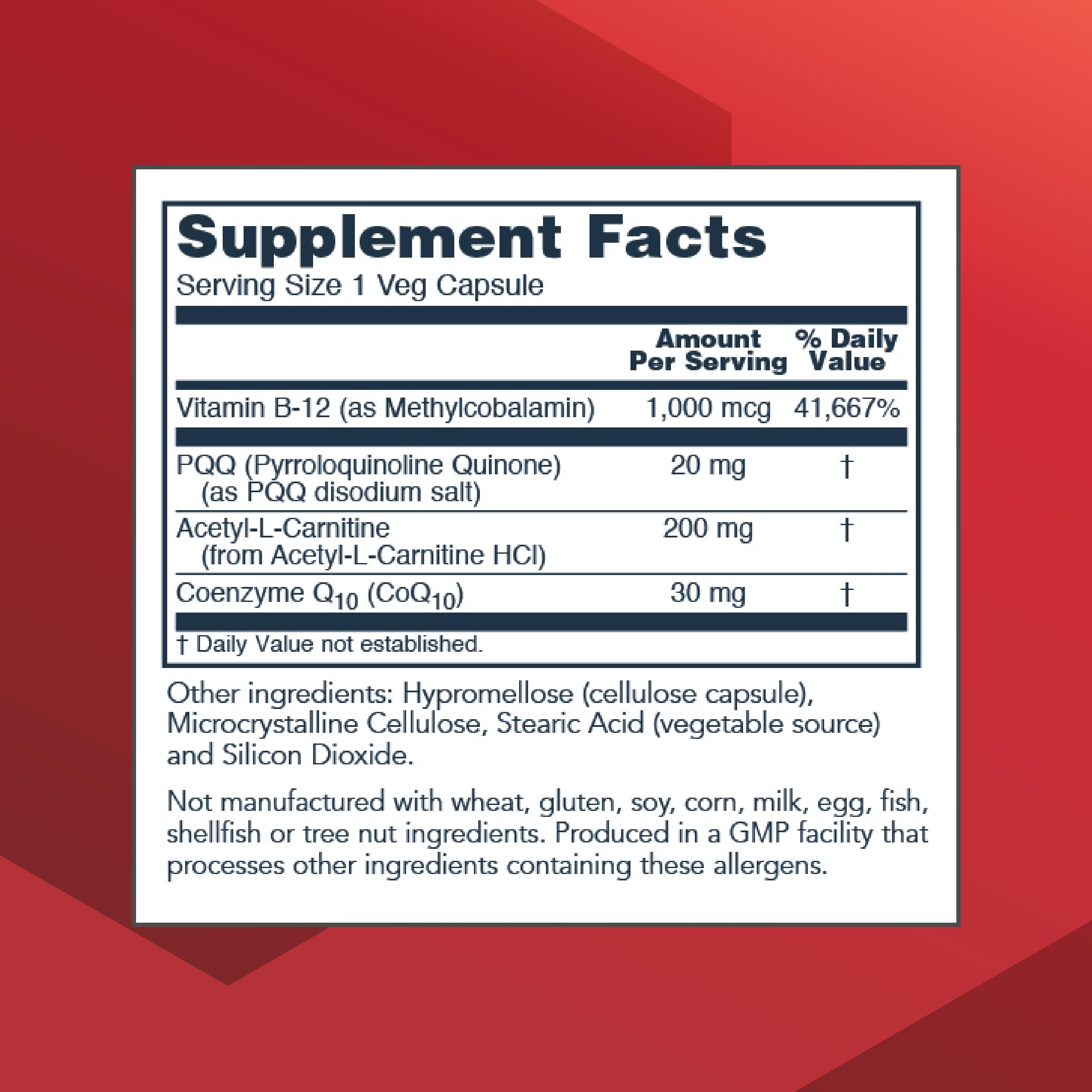 PROTOCOL FOR LIFE BALANCE PQQ Complex - flacon transparent, acetyl-L-carnitine en vedette, soutien potentiel.