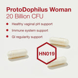 ProtoDophilus Woman — icône végan et sans allergènes sur l’emballage.
