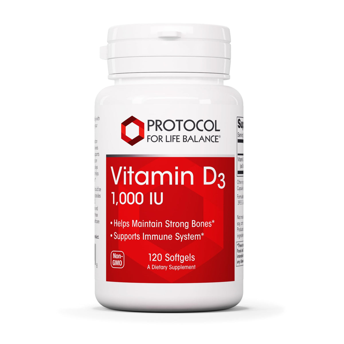 PROTOCOL FOR LIFE BALANCE Vitamine D3 1000 UI - bouteille, soutien potentiel des os et des dents