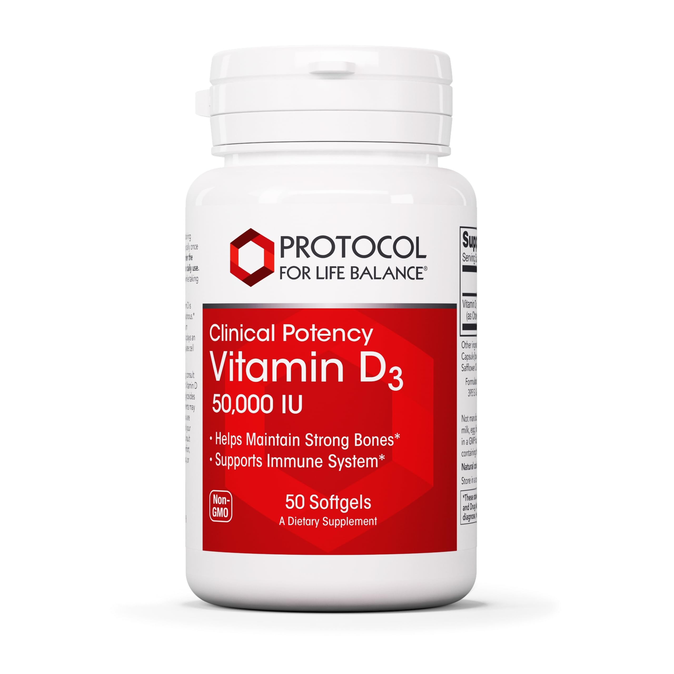 PROTOCOL FOR LIFE BALANCE Vitamine D3 50000 UI, bouteille, soutien immunitaire potentiel et santé osseuse.