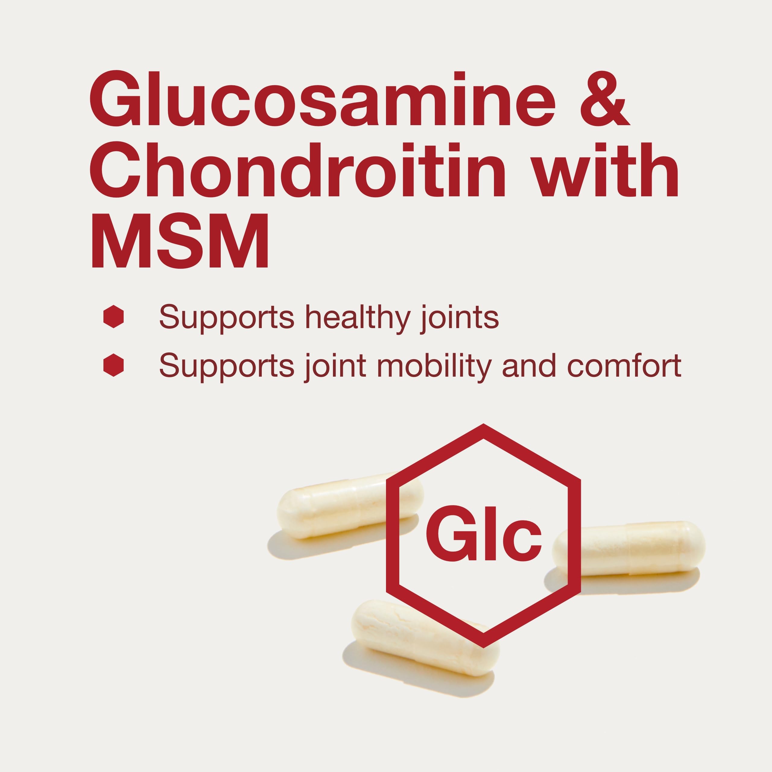 Ingrédients glucosamine, chondroïtine et MSM pour le soutien articulaire.