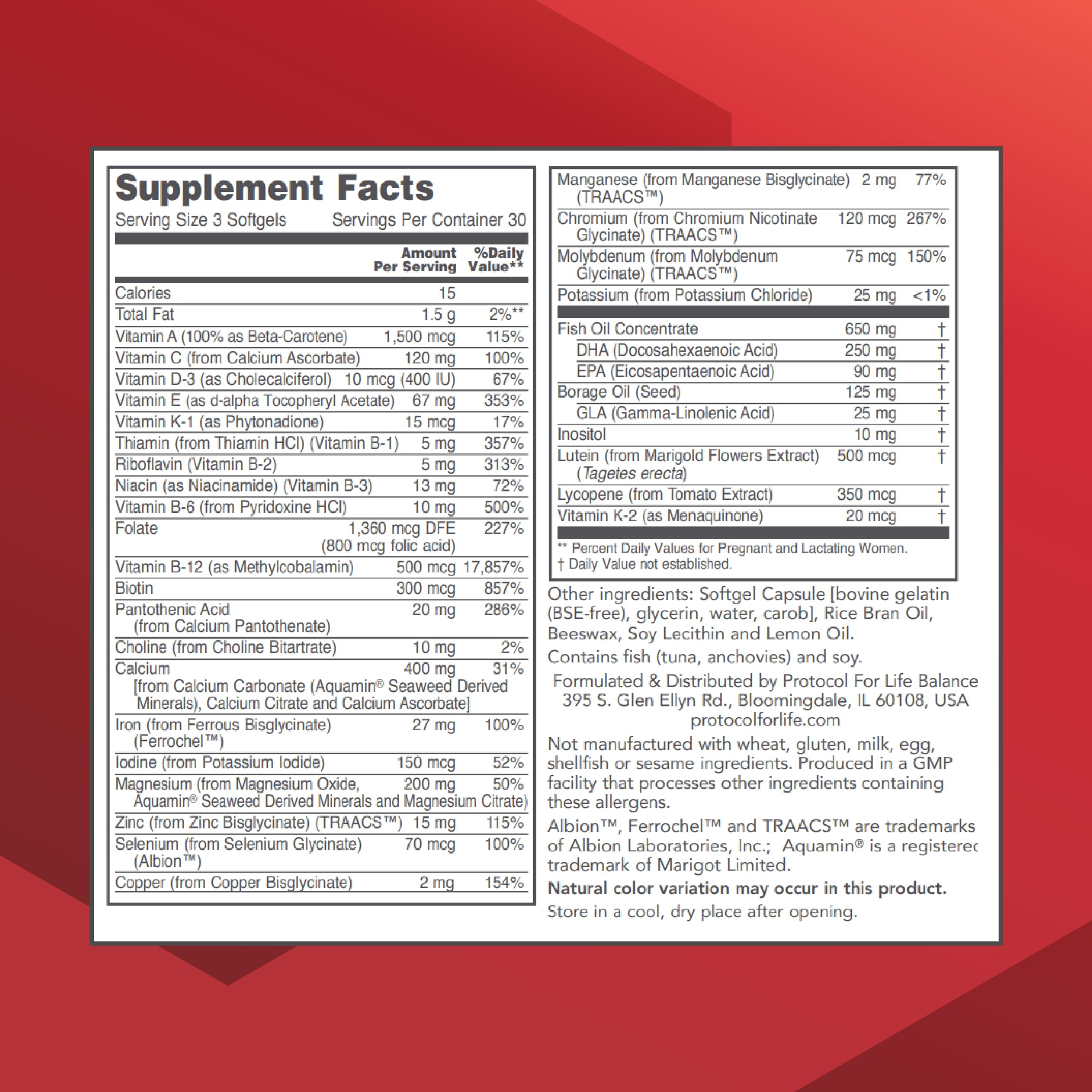PROTOCOL FOR LIFE BALANCE – flacon contenant DHA 250 mg et nutriments essentiels pour grossesse et allaitement.