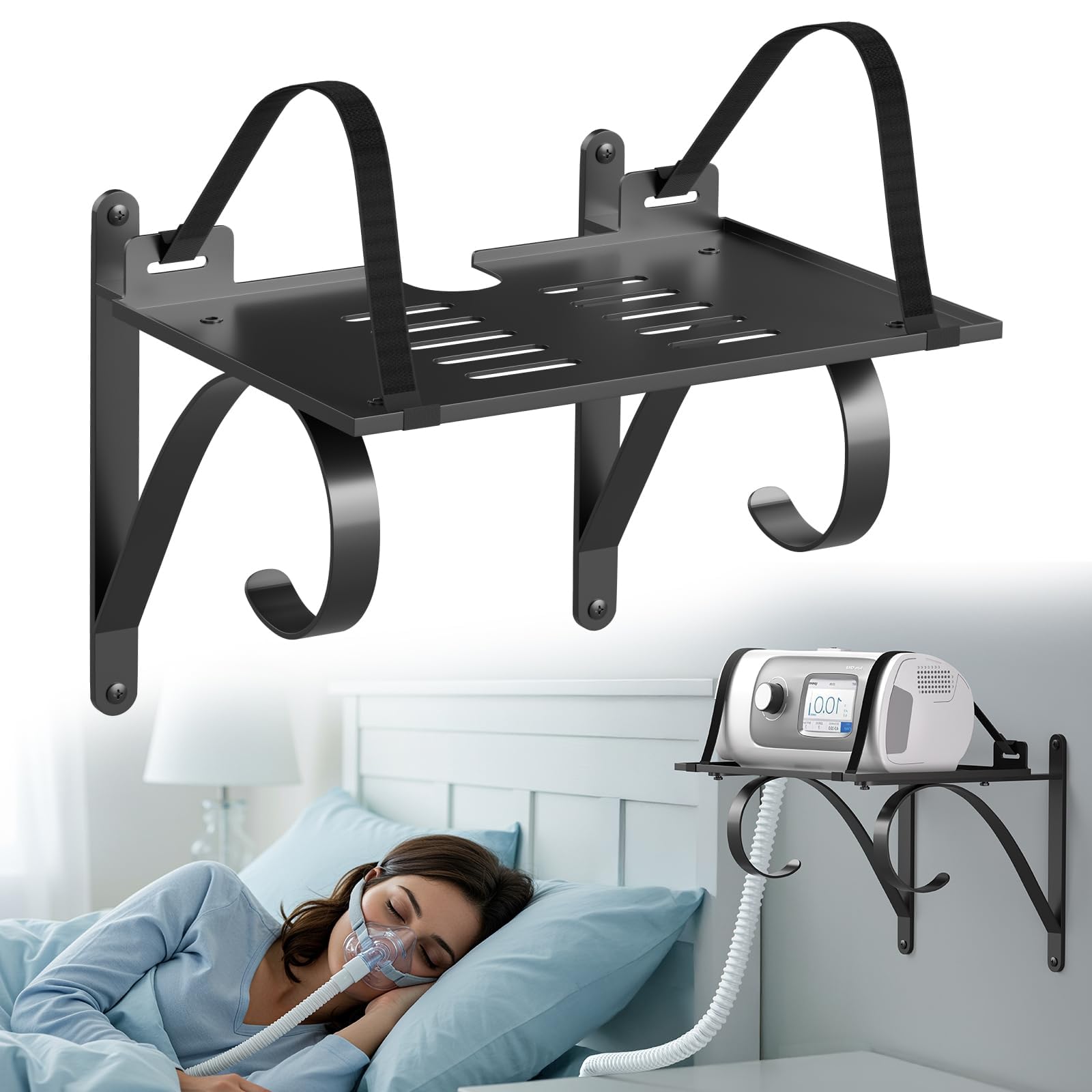 ProtoRack: support mural CPAP AirSense 10/11 pour accès rapide et rangement sécurisé.