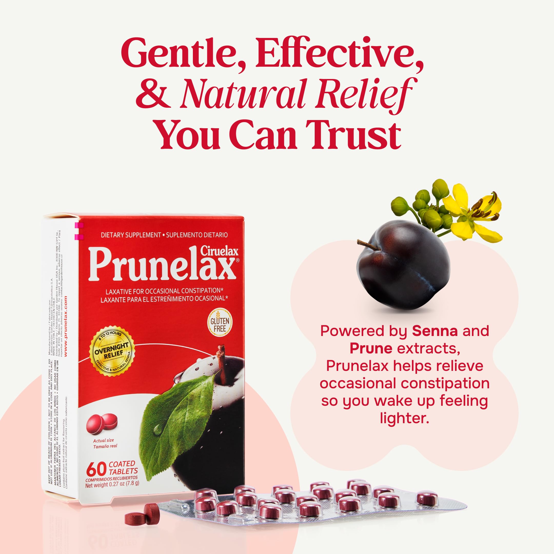 Boîte Prunelax Ciruelax 60 comprimés: format pratique pour un traitement nocturne.