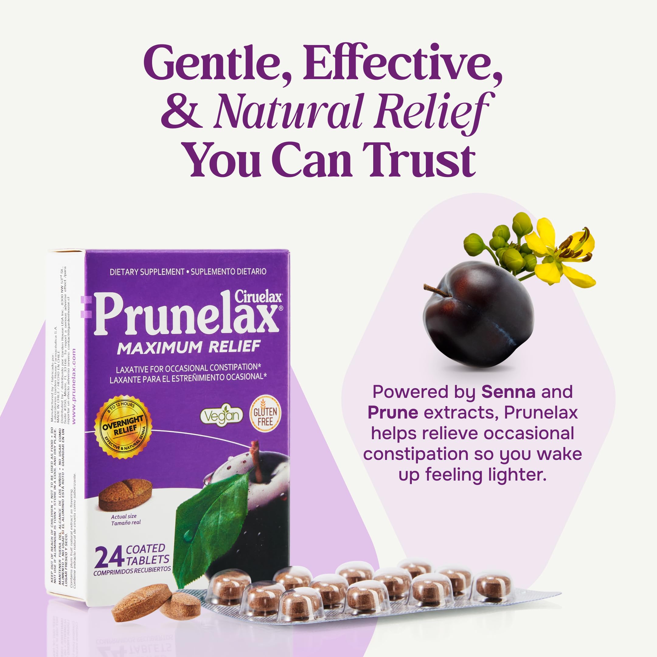 Comprimés Prunelax Ciruelax en gros plan, texture et forme pratiques.