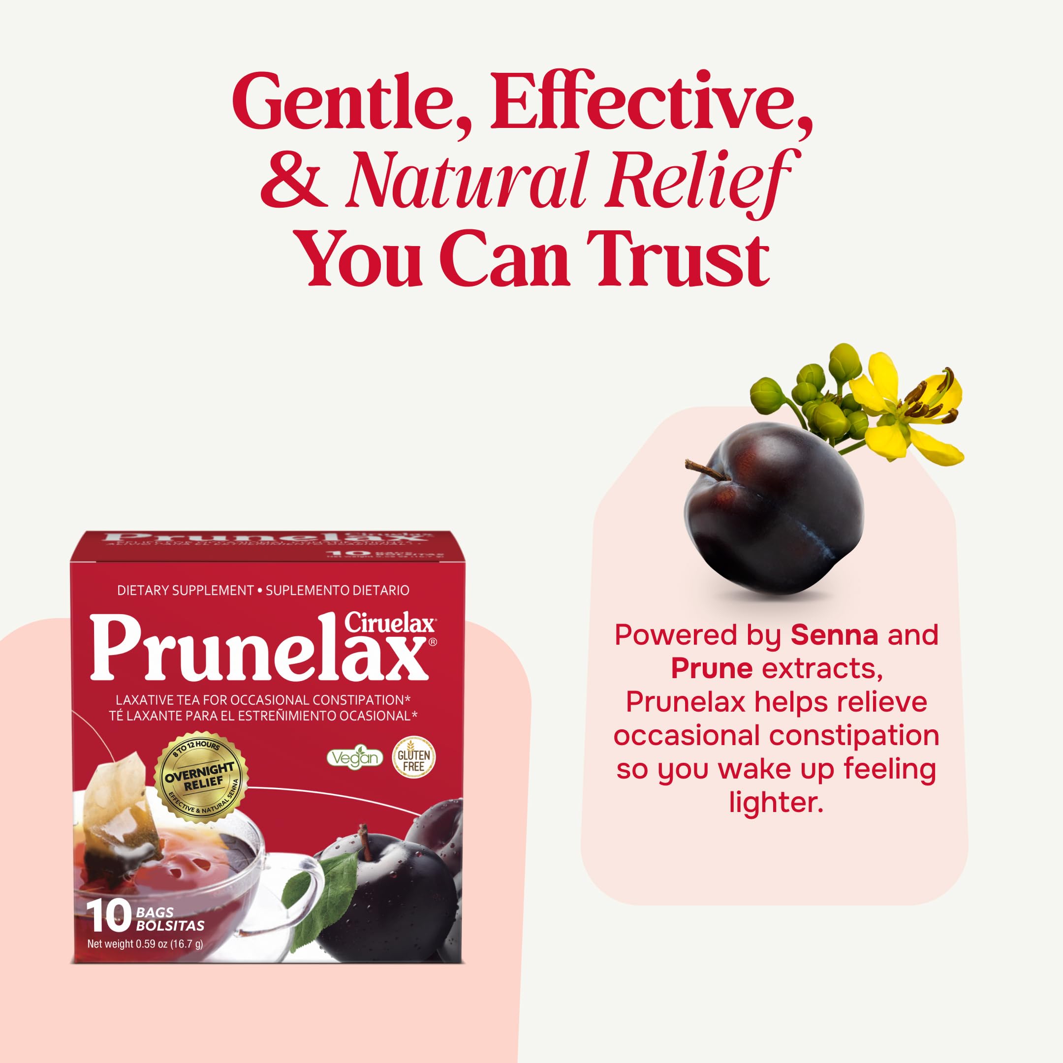 Prunelax Ciruelax, boîte 10 sachets, préparation nocturne facile et efficace.