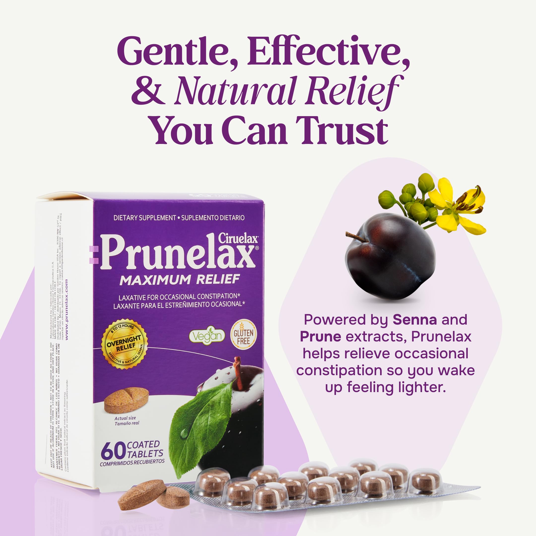 Prunelax tablettes – comprimés ovales, forme pratique pour avaler rapidement.