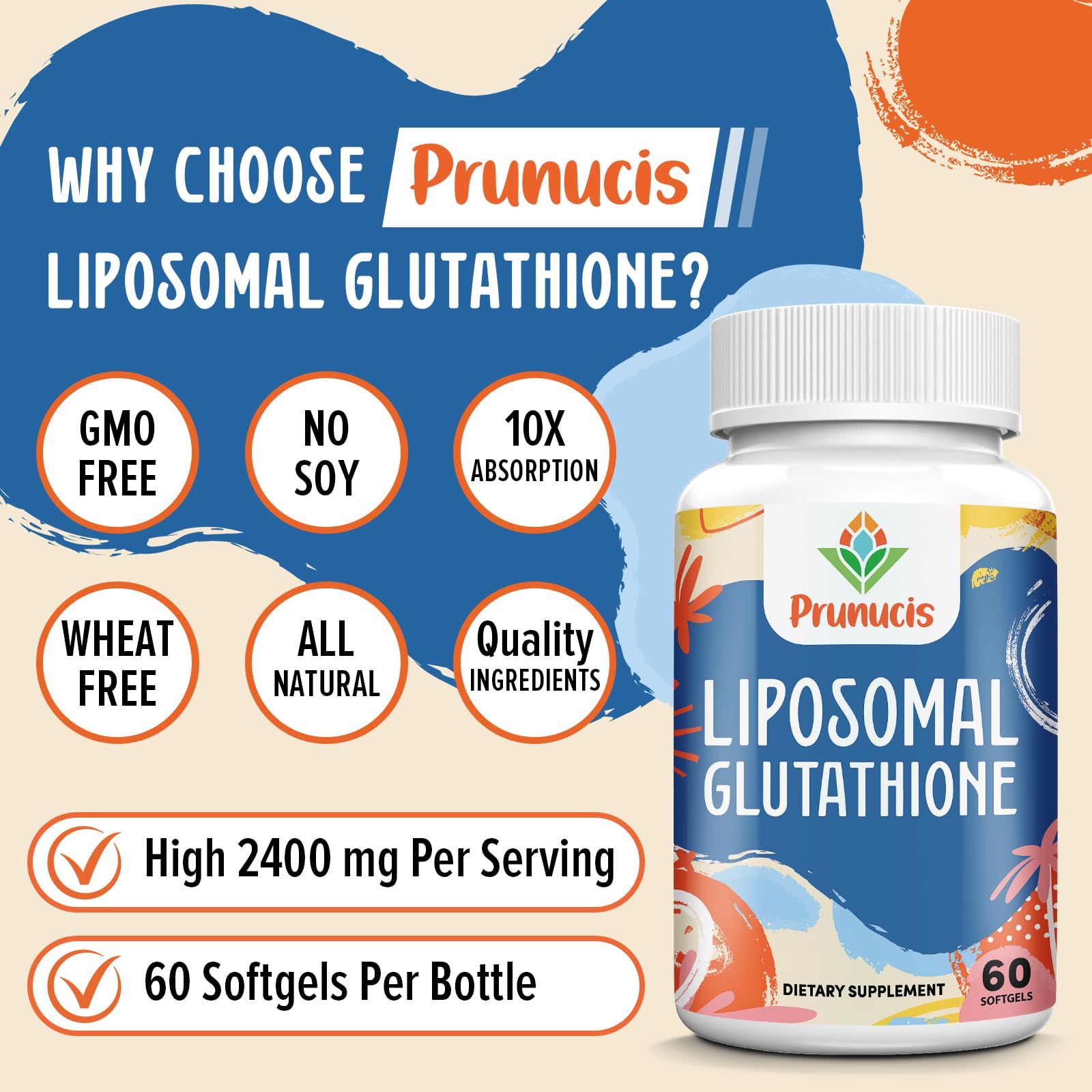 Prunucis Glutathione liposomal — étiquette détaillée indiquant les antioxydants