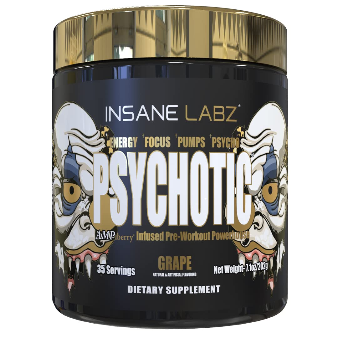 Psychotic Gold d'Insane Labz — bouteille et étiquette, énergie soutenue pour l'entraînement.
