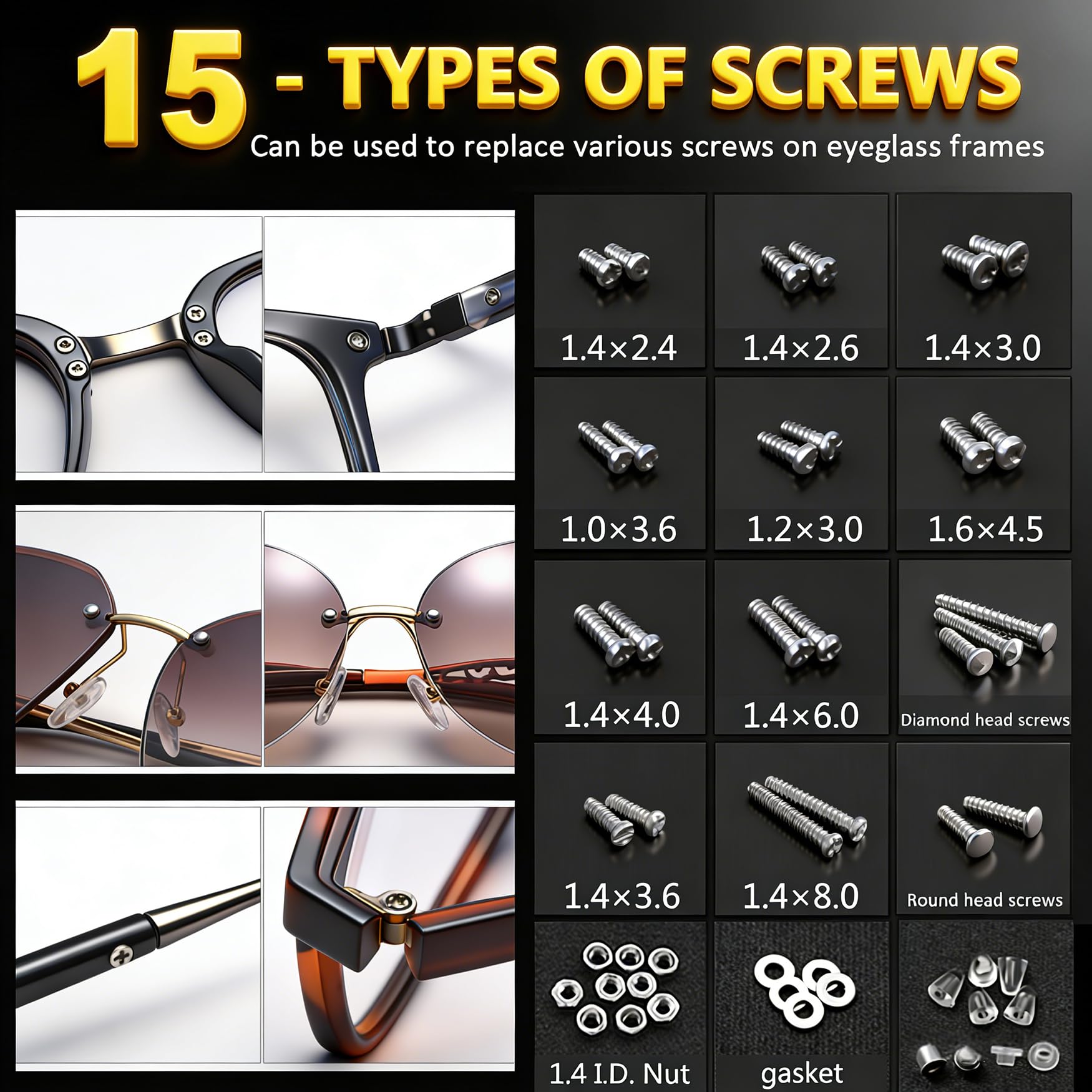 PTSLKHN vis-frame-lunettes, vis de cadre adaptées à diverses montures.