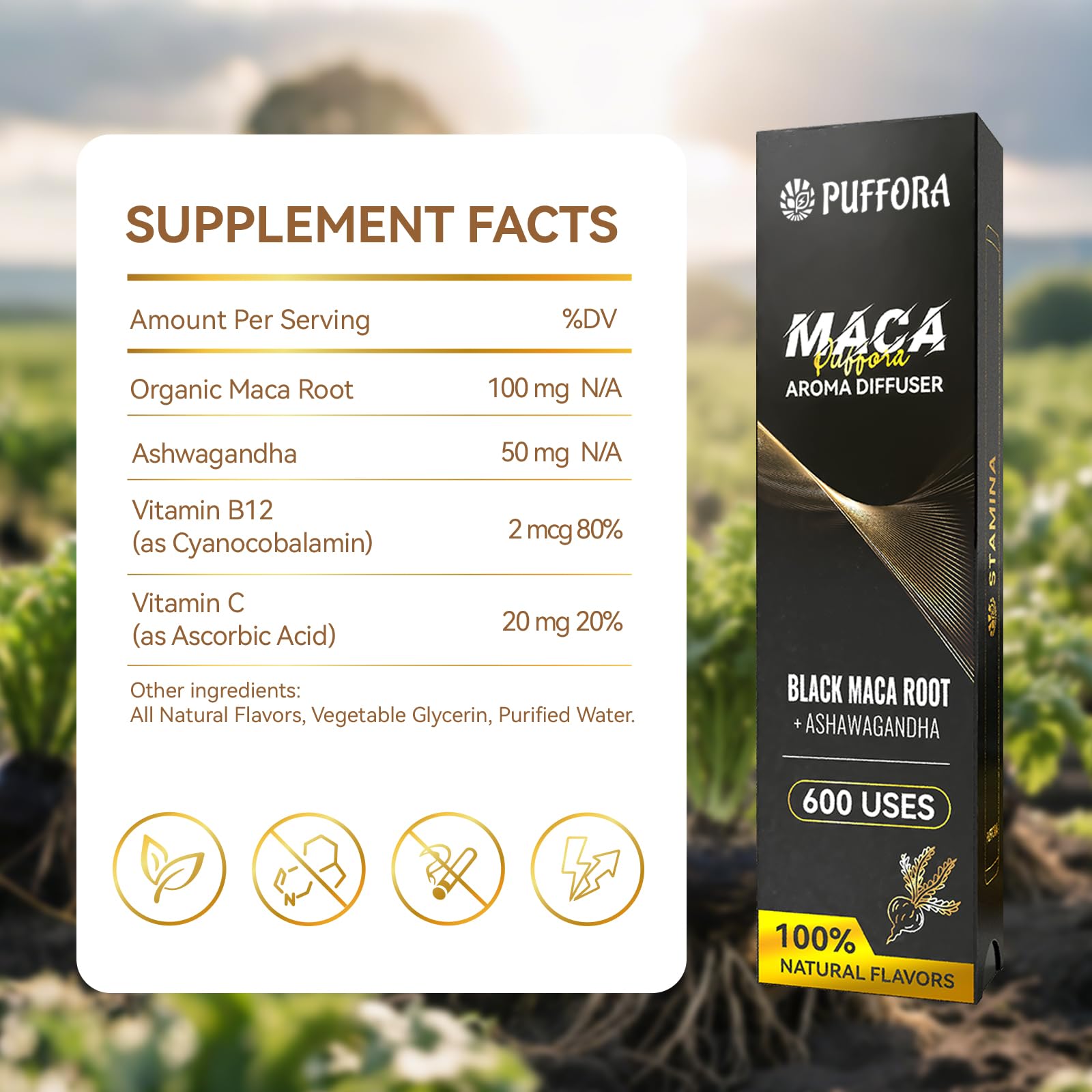 Puffora Maca Diffuseur — format stylo pratique pour transport rapide et usage discret.
