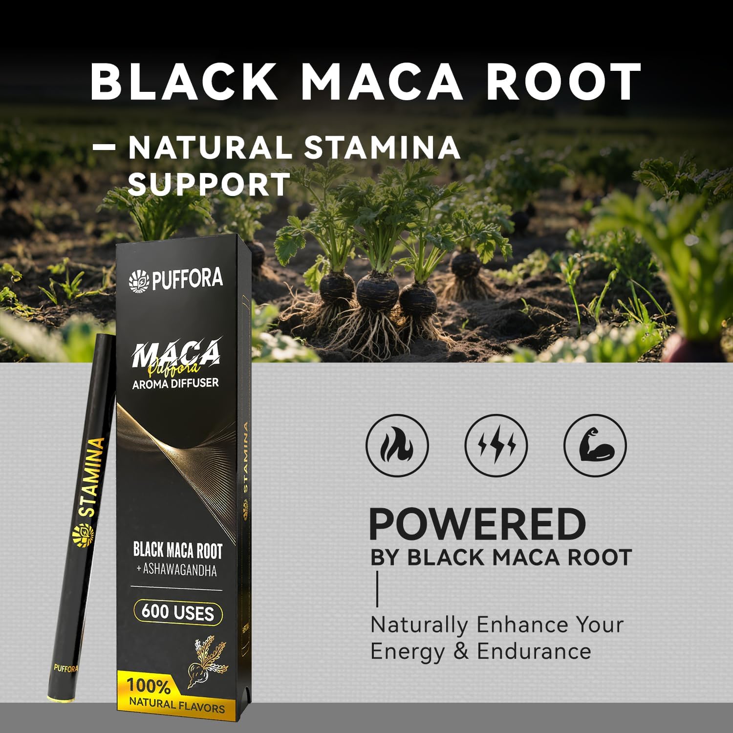 Puffora Maca Diffuseur — sans caféine, image naturelle et usage en tout lieu.